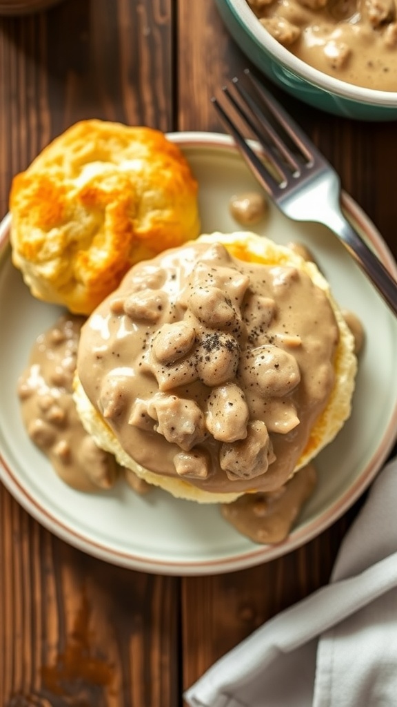 Zero Carb Biscuits and Gravy Recipe Zero carb biscuits with sausage gravy on a rustic plate, garnished with black pepper.